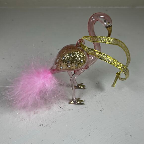 Art Glass Pink Flamingo Ornament Hallmark 4" Feathers Gold 2018 - Picture 2 of 6